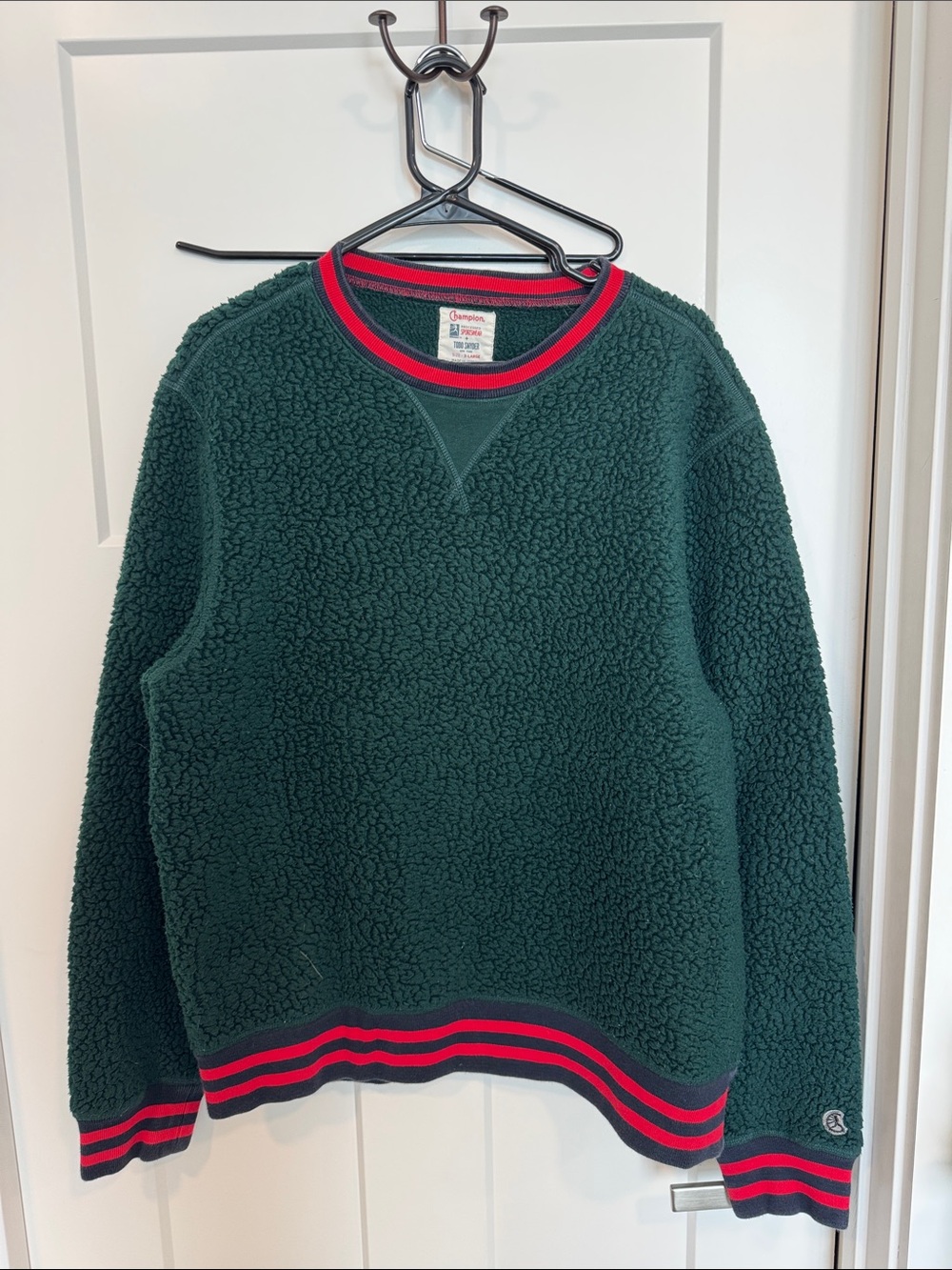 Todd Snyder x Champion Forest Green Sherpa Crewneck Sweater with Red Trim XL